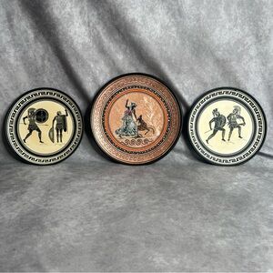 Greek Black-Figure Pottery Plates Trio – Hoplite Warriors, Athena, Mythology